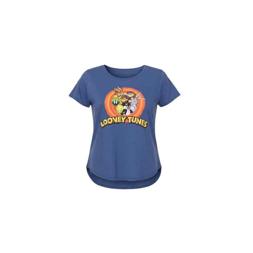 Looney Tunes Graphic T-Shirt Womens Large Blue Heathered Curved Hem Burnout Tee